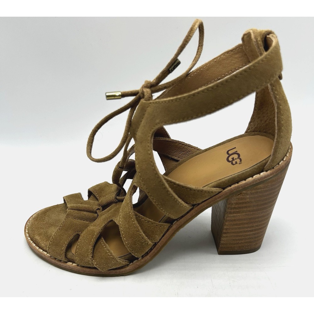 UGG Sandals Womens 7 Harris Block Heel Tan Suede Strappy Gladiator Chunky 4 in